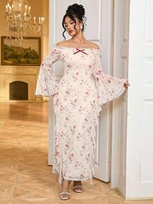 Modelyn Robe élégante pour femmes grandes tailles avec imprimé floral, épaules dénudées, volants et manches évasées ajustées - Multicolore - Voir 8