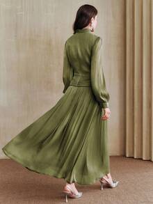 Anewsta New Elegant Ruched Collar Long Sleeve Dress For Women, Suitable For Fall, Winter, Spring, New Year, Party, Wedding, Elegant, Chic, Stylish, Christmas, Going Out - Army Green - View 2