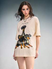ROMWE Street Life Women's Vintage Doberman Pinscher PUNK Print Distressed Washed Short Sleeve T-Shirt - Khaki - View 6