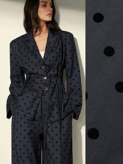 Aveloria Modichic ヴィンテージ フロック ドット柄 パディング ショルダー アシンメトリー ハンドメイド ボタン ディープVネック ウエストシェイプ ジャケット & ウエスト ワイドレッグ パンツ 2ピースセット