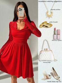 SHEIN Unity Women's Lace Trim Draped Neck Long Sleeve Dress, Suitable For Christmas, Valentine's Day, Party And Holiday Occasions, Spring/Autumn/Winter - Red - View 8