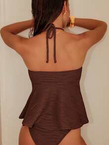 Swim Chiccia Tankini Tanpa Lengan Model Halter Neck untuk Wanita, Warna Cokelat Kopi, Bahan Poliester Polos, Pendek, dengan Detail Bintang Laut dan Tali Pengikat di Belakang - Coffee Brown - View 2