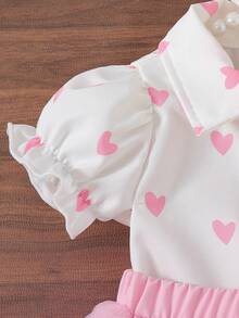 SHEIN 2pcs/Set Baby Girls Collared Puff Sleeve Heart Print Short Sleeve Blouse + Elastic Waist Mesh Tutu Skirt Cute Casual Outfit, Suitable For Spring/Summer Daily Outings Or Travel Skirt فستان دانتيل - Pink - View 8