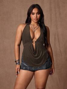 Rustia Plus Size Women's Sexy Backless Spaghetti Strap Camisole - Brown - View 2