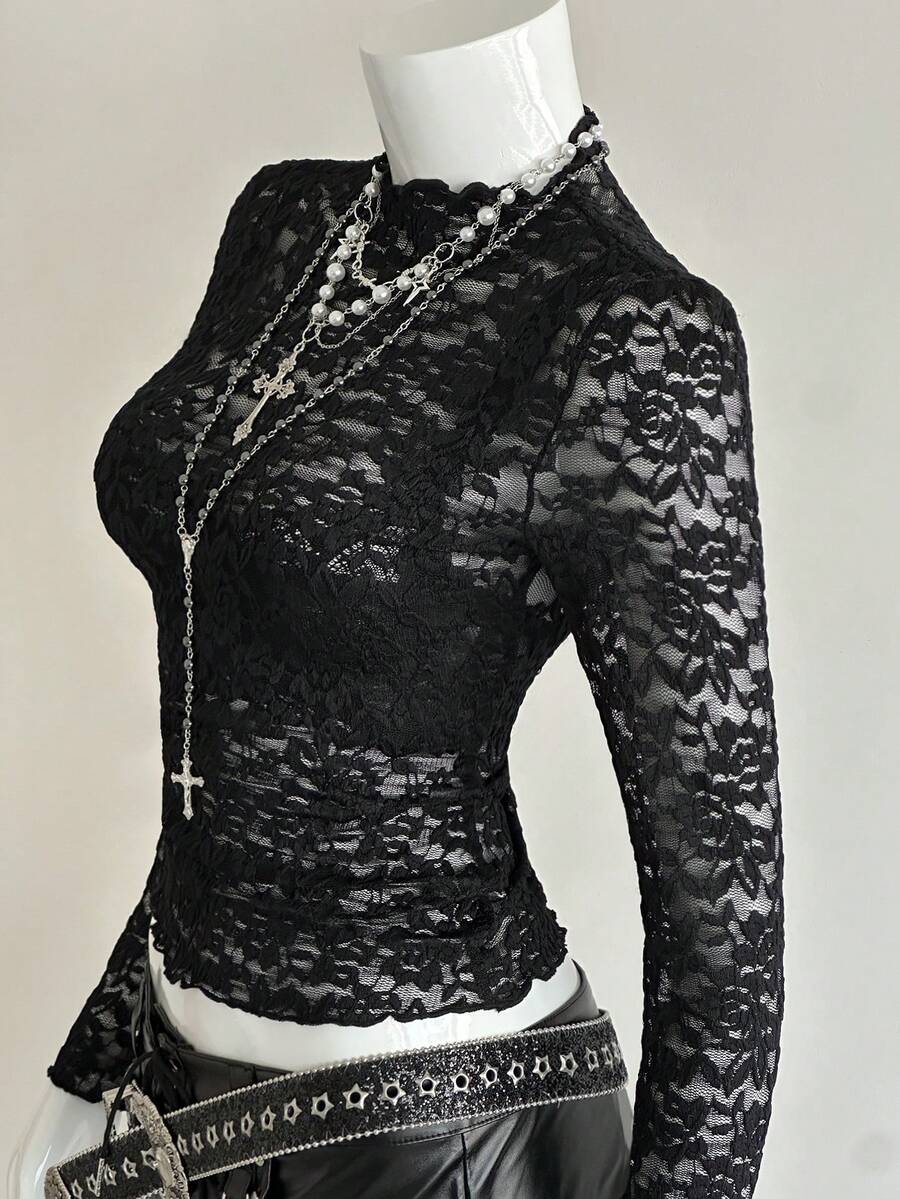 EgrlEra Women's Fashionable Black Sexy Lace Blouse - Black - View 1