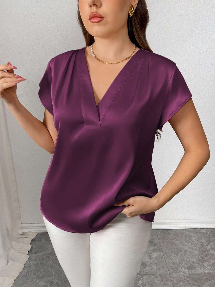 Elenzga 大码女士优雅宽松休闲度假通勤纯色缎面V领褶皱肩蝙蝠袖衬衫，春夏款 - 紫色 - 查看 1