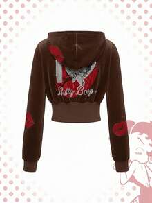 Betty Boop | ROMWE Y2K Rhinestone Betty Pattern Velvet Hooded Sweatshirt & Pants Set - Brown - View 4
