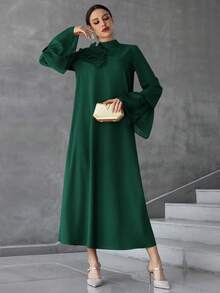 Al Najma Women's Floral Embellished Flare Sleeve Elegant Arabic Style Dress, Arabian Dresses - Dark Green - View 7