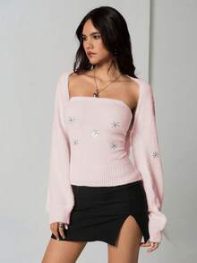 SHEIN TRNDY 2pcs Women Sequin Snowflake Cropped Top & Cardigan Sweater Set, White, Personalized, Versatile, Autumn/Winter Womens Sweaters Pink Sweater - Baby Pink - View 8