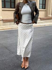 MainGRL White Satin Polka Dot Mermaid Hem Elegant Skirt For Women Cream Skirt Skirt White Polka Dot Skirt White Polka Dot Skirt - White - View 4