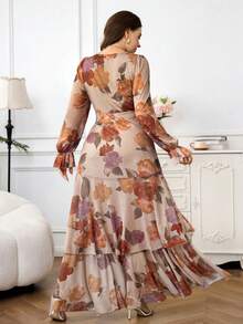 Reflora 新款大码女装时尚印花荷叶边下摆高弹力收腰长连衣裙，秋季连衣裙，荷叶边连衣裙，碎花连衣裙 - 彩色 - 查看 2