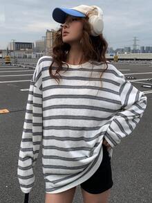 DAZY 休闲条纹宽松长袖圆领女式T恤 Y2k - 藏蓝色 - 查看 3