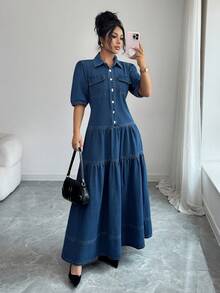 Elenzga Women's Short Puff Sleeve Single-Breasted Utility Pocket Ruffle Hem Casual Denim Dress - Medium Wash - View 7