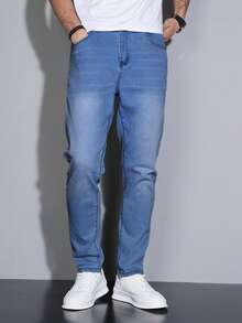 Manfinity Homme Jeans vaqueros clásicos de corte slim y color azul oscuro, versátiles y casuales, para hombres de talla grande - Celeste - Ver 4