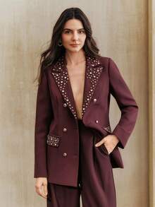 Anewsta Autumn/Winter Colorful Rhinestone Design Office Lady Blazer Jacket For Women - Burgundy - View 5