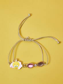 LOONEY TUNES X SHEIN 1 pieza Pulsera de cuerda de cera coreana con elemento de dibujo animado impreso en aleación de zinc y cristales de Rhinestone, de lujo y nicho, casual y elegante, adecuada para fiestas, conciertos y festivales - Caqui - Ver 3