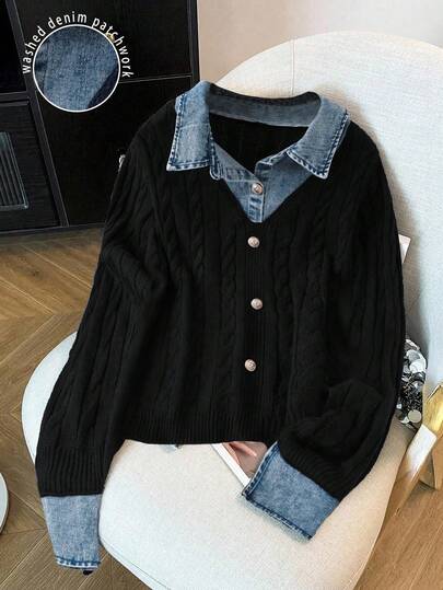 SHEIN LUNE Vintage & Gentle Combination, Denim Patchwork Knit Top, Denim Collar Exquisite Retro, Cuff Patchwork Design Unique Fashionable, Button Design Delicate With Details, First Choice For Dates