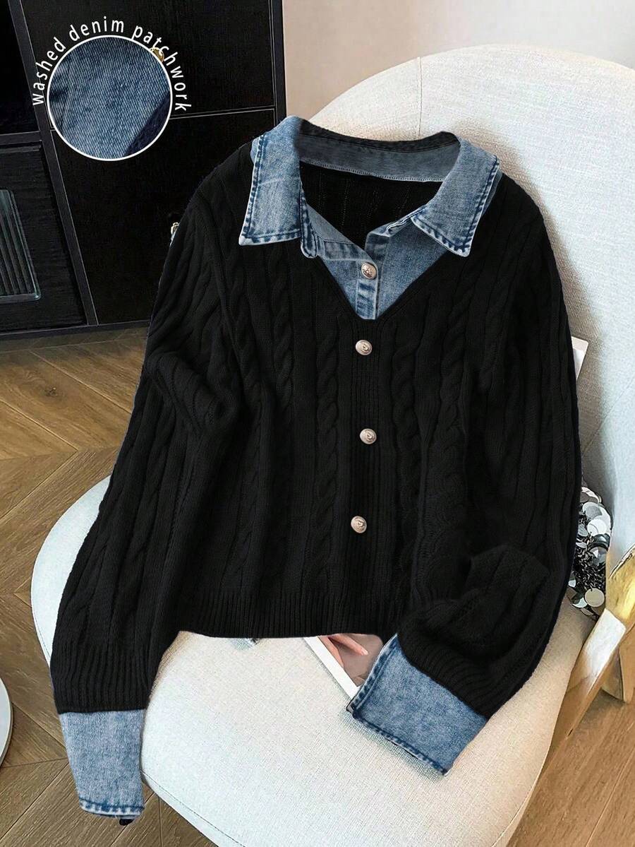 SHEIN LUNE Vintage & Gentle Combination, Denim Patchwork Knit Top, Denim Collar Exquisite Retro, Cuff Patchwork Design Unique Fashionable, Button Design Delicate With Details, First Choice For Dates - Black - View 1