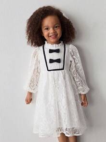 Maija Kids Young Girl White Lace Contrast Bow Cute Casual Dress - White - View 3