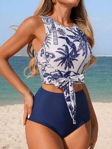 Swim Lushoire 女士热带鸟类和棕榈树印花细肩带比基尼上衣，高腰，保守，显瘦，圆领，沙滩 - 藏蓝色 - 查看 3