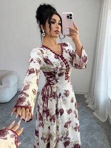 Yasmyna Đầm kiểu Ả Rập cổ chữ V in hoa dành cho nữ, thắt eo. - Nhiều màu - Xem 5