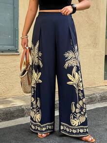 SHEIN Clasi 大码热带印花休闲度假裤 - 藍色 - 查看 3