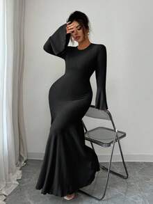 Elenzga 大码女式休闲纯色罗纹修身长裙 - 黑色 - 查看 7