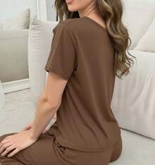 Conjunto de 2 piezas de pantalón y blusa de manga Corta de cuello redondo de unicolor, de punto jacquard, holgado y casual para mujer, ropa de otoño e invierno - Marrón Mocha - Ver 3