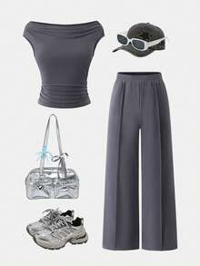 少女优雅通勤休闲露肩无袖短款上衣+宽松阔腿运动裤针织上衣套装 - 灰色 - 查看 3