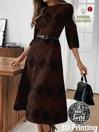 EMERY ROSE Kadınlar İçin Sonbahar/Kışa Uygun, Günlük Ekose Desenli Orta Boy Elbise