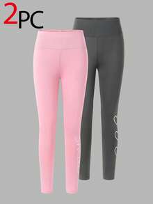 Set de 2 leggings para niñas, combinación minimalista de moda en negro y rosa con estampado de corazón, mallas cómodas de largo completo para niñas preadolescentes - Multicolor - Ver 3