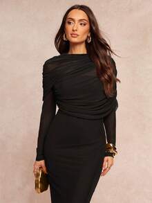 Silquee 优雅浪漫纯色荷叶边领不对称褶裥腰部长袖连衣裙 - 黑色 - 查看 6