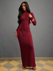 NYA SZN 配套套装（上衣和半裙）上衣长袖高领修身V领半裙高腰修身包臀酒红色节日庆典冬季春季圣诞节新年除夕光明节日常休闲商务休闲居家服针织罗纹针织女装 - 紅色 - 查看 3