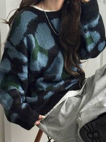 FRIFUL Women's Casual Leopard Print Sweater, Autumn/Winter - Blue - View 6