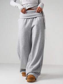 MISSGUIDED High Rise Wide Leg Joggers With Roll Top Waistband And Side Tie Detail For Casual Loungewear - Light Grey - View 5