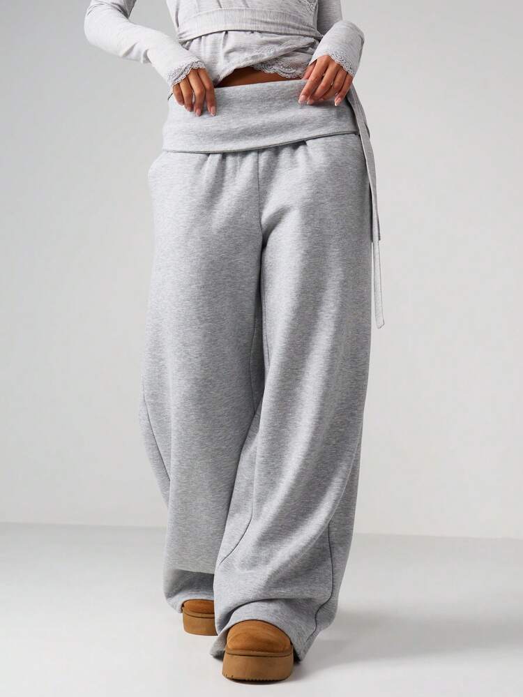 MISSGUIDED High Rise Wide Leg Joggers With Roll Top Waistband And Side Tie Detail For Casual Loungewear