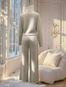 SHEIN Franclia Bộ 2 áo len cổ lọ màu trơn dáng rộng thoải mái cho nữ, đa năng và thanh lịch, mùa thu/đông - Màu nâu  Mocha - Xem 2