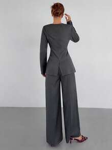 Siren Gaze New Autumn/Winter Grey High-End Fitted Waist Women's Suit Set, Elegant Trouser Suit, Office Wear, Casual Formal Wear, Classic Style Commuting Workplace Suit. Spring - Grey - View 2