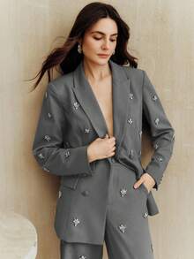 Anewsta 女士时尚简约奢华现代高端装饰收腰女士西装外套、晚礼服、节日礼服 - 灰色 - 查看 3