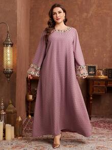 Al Najma Casual Floral Lace Trim Long Sleeve Plus Size Women's Turkish Tunic & Arabic Traditional Abaya, Suitable For All Occasions In Spring And Autumn Kaftan Jalabiya Dress - Dusty Pink - View 4