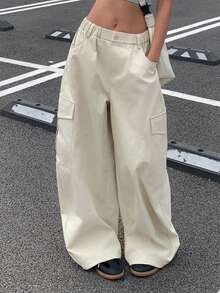 DAZY Women's Loose Solid Color Cargo Pants With Pockets, Casual Street Style, Autumn/Winter Y2k - Apricot - View 4
