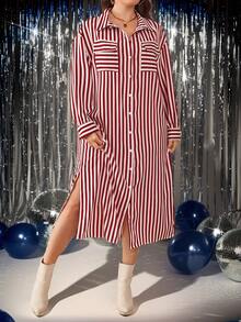 SHEIN LUNE 大码休闲通勤红白条纹开衫连衣裙，适合秋季、圣诞节等场合，优雅女士连衣裙，商务休闲女装，工作装，节日服装，圣诞礼服，派对服装，亮片派对女装，时尚日常穿着，办公室穿着，复古风格，日常休闲红色节日派对连衣裙 - 紅白色 - 查看 3