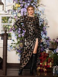 VOLUPTÉ CURVE Elegant Plus Size Spring New Arrival Dress, Sparkly Geometric Embroidery Decor, Round Neck Long Sleeve, Fitted Waist, High Slit, Maxi Length, Suitable For Party, Birthday, Anniversary, Holiday Occasions - Black - View 4