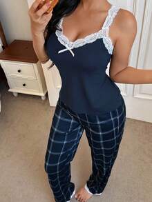 SHEIN 女士撞色蕾丝拼布吊带背心和格子印花长睡裤套装 - 藏蓝色 - 查看 6