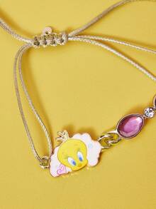 LOONEY TUNES X SHEIN 1 pieza Pulsera de cuerda de cera coreana con elemento de dibujo animado impreso en aleación de zinc y cristales de Rhinestone, de lujo y nicho, casual y elegante, adecuada para fiestas, conciertos y festivales - Caqui - Ver 4