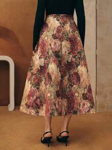 Anewsta Vintage Oil Painting High Waist Random 3D Floral Jacquard A-Line Skirt - Multicolor - View 7