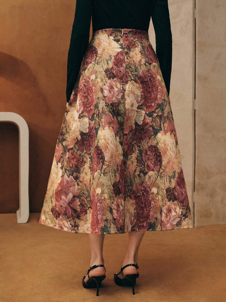 Vintage Oil Painting High Waist Random 3D Floral Jacquard A-Line Skirt, Suitable For Spring To Summer, Valentine's Day For Women, Elegant For Women, Vacation For Women