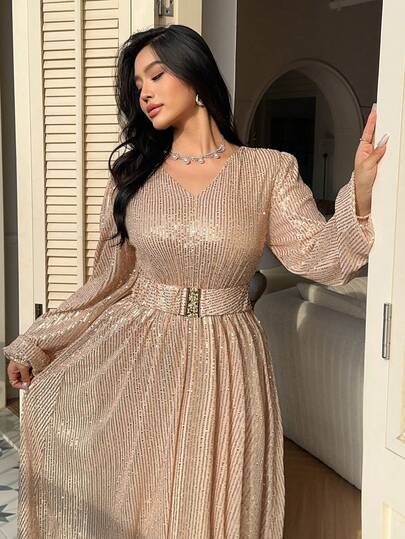 Dazy Plus Valentine Plus Size Women Sequin Lantern Sleeve Cinching Waist Elegant Dress, Versatile For Party, Spring/Autumn Prom Dress New Years Women Outfit Carnival Sparkly Dress