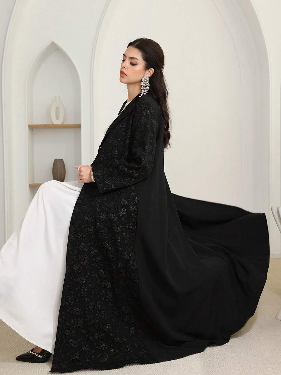 Al Najma 女士纯色提花休闲宽松度假阿拉伯长袍 - 黑色 - 查看 1