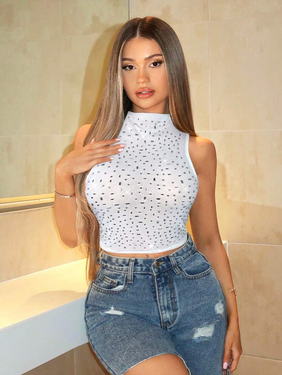 SHEIN BAE Khaki/Nude Color Rhinestone Decor Mesh Sexy Backless Camisole, Elegant For Country Concert, Festival, Music Event, Party, Summer Date Night - White - View 1